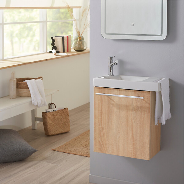 GODART - Meuble décor chêne oak Solo avec lave-mains et porte serviette intégré pour Robinet à gauche - large