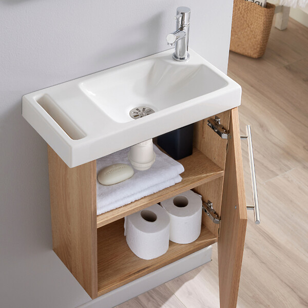 GODART - Meuble décor chêne oak Solo avec lave-mains et porte serviette intégré pour Robinet à droite - large