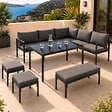ID MARKET - Salon de jardin repas NAYLA 8 places d'angle en métal et coussins gris avec table à manger, canapé d'angle, banquette, tabourets - vignette