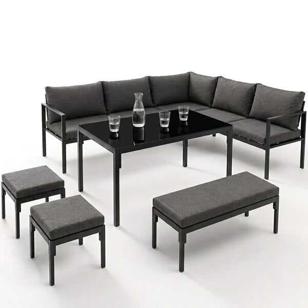ID MARKET - Salon de jardin repas NAYLA 8 places d'angle en métal et coussins gris avec table à manger, canapé d'angle, banquette, tabourets - large