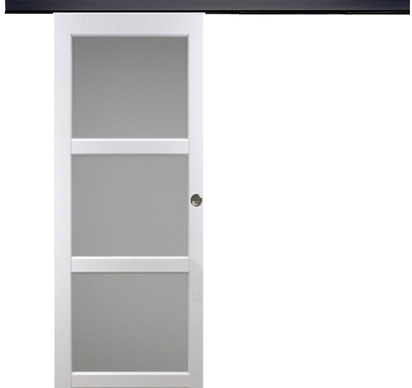 GD MENUISERIES - Porte Coulissante Kenya Blanc Vitrée H204 x L73 cm, Rail Alu bandeau noir, Coquilles - large