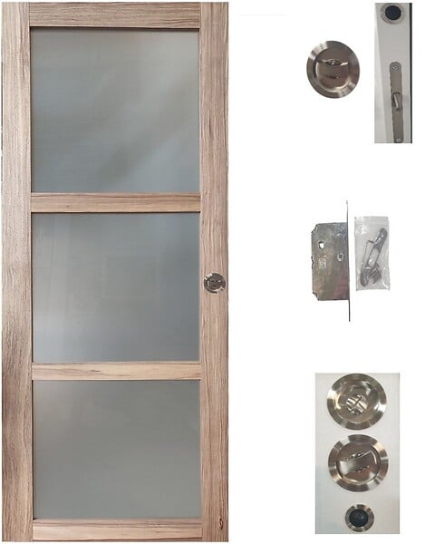 GD MENUISERIES - Porte Coulissante bois Frake Vitrée H204 x L73 cm, serrure condamnation - large