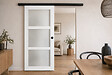 GD MENUISERIES - Porte Coulissante Kenya Blanc Vitrée H204 x L83 cm, Rail Alu bandeau noir, Coquilles Noir - vignette