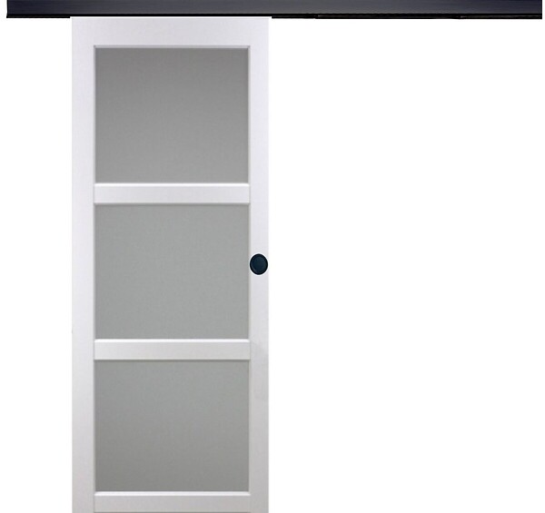 GD MENUISERIES - Porte Coulissante Kenya Blanc Vitrée H204 x L83 cm, Rail Alu bandeau noir, Coquilles Noir - large