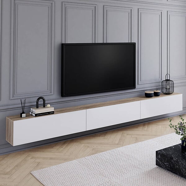 ID MARKET - Meuble TV 300 cm suspendu ELIO 3 portes bois et blanc - large