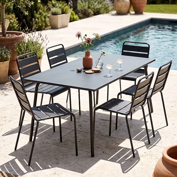 OVIALA - Ensemble table de jardin et 6 chaises en métal anthracite - Palavas - large