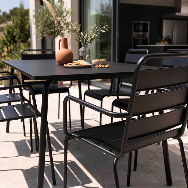 OVIALA - Ensemble table de jardin et 6 fauteuils en métal noir - Palavas - large