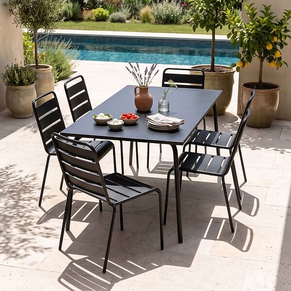 OVIALA - Ensemble table de jardin et 6 chaises en métal noir - Palavas - large