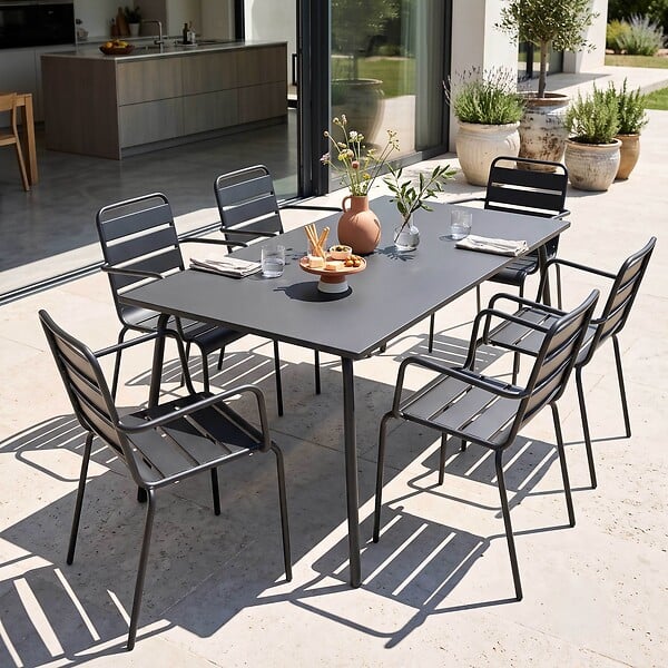 OVIALA - Ensemble table de jardin et 6 fauteuils en métal gris - Palavas - large