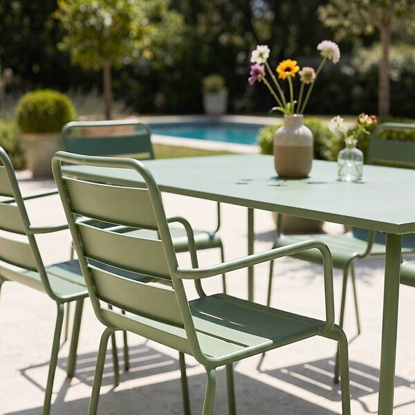 OVIALA - Ensemble table de jardin et 6 fauteuils en métal vert cactus - Palavas - large