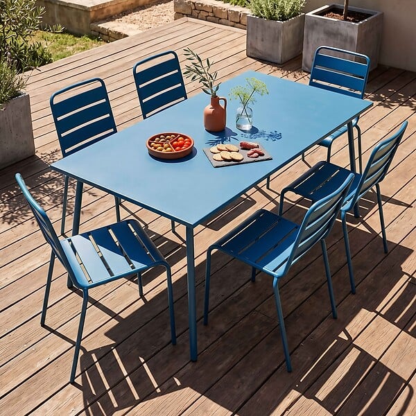 OVIALA - Ensemble table de jardin et 6 chaises en métal bleu pacific - Palavas - large