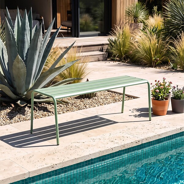 OVIALA - Banc de jardin en acier vert sauge - Palavas - large