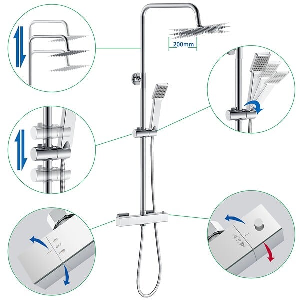 AICA SANITAIRE - Colonne de douche thermostatique 200 mm-Chrome-Laiton & Inox - large
