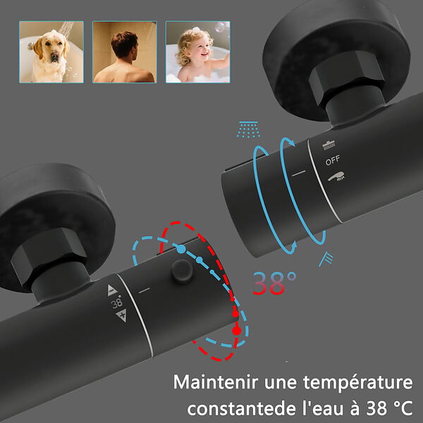 AICA SANITAIRE - Colonne de douche thermostatique noir 200 mm-Chrome-Laiton & Inox - large