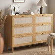 ID MARKET - Commode 6 tiroirs ROBIN 115 cm meuble de rangement bois et tissu effet lin - vignette