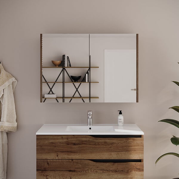 COSYNEO - Armoire de toilette miroir 90x70 cm - tabaco (chêne foncé) - MIRANO - large
