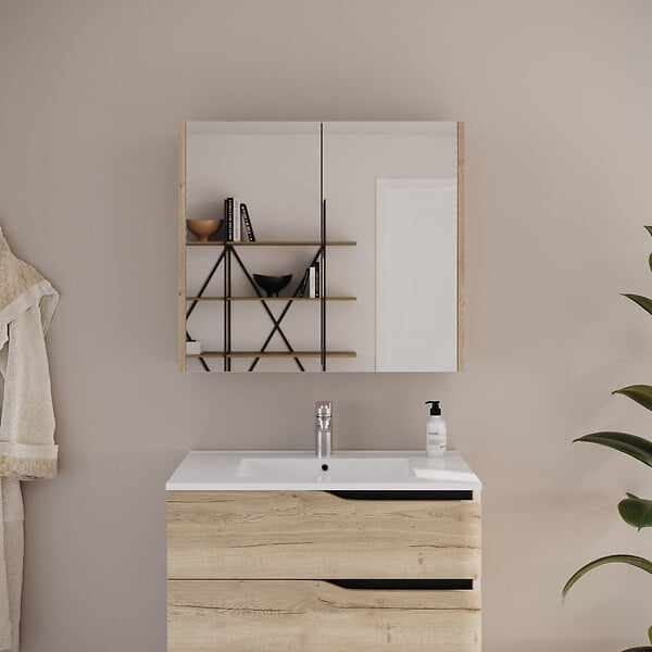 COSYNEO - Armoire de toilette miroir 80x70 cm - madera miel (chêne clair) - MIRANO - large