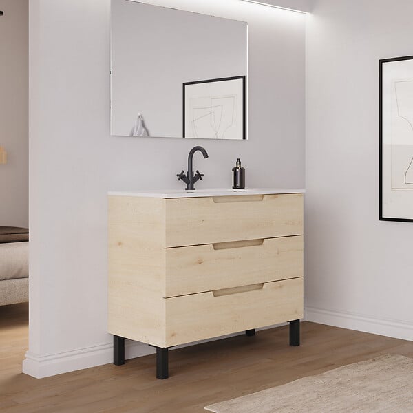 COSYNEO - Meuble de salle de bain 100cm simple vasque - 3 tiroirs - sans miroir - roble calima (bois clair) - RIZA - large