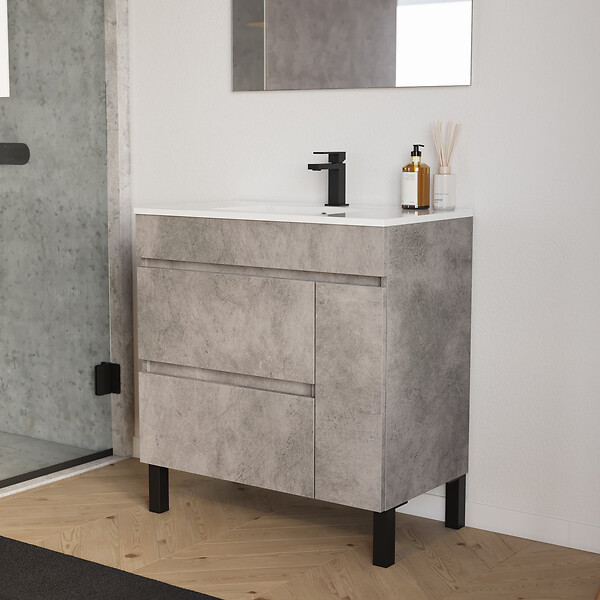 COSYNEO - Meuble de salle de bain 80cm simple vasque sur pieds avec porte et tiroirs - sans miroir - ciment (gris) - LAZARO - large
