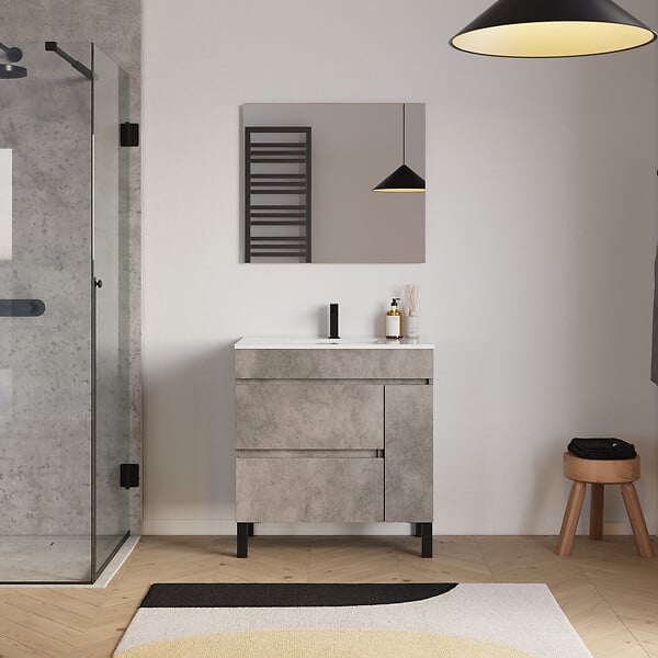COSYNEO - Meuble de salle de bain 80cm simple vasque sur pieds avec porte et tiroirs - sans miroir - ciment (gris) - LAZARO - large