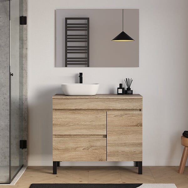 COSYNEO - Meuble de salle de bain 100cm avec plateau et vasque à poser arrondie - porte et tiroirs - cambrian (chêne clair) - LAZARO - large
