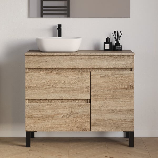 COSYNEO - Meuble de salle de bain 100cm avec plateau et vasque à poser arrondie - porte et tiroirs - cambrian (chêne clair) - LAZARO - large