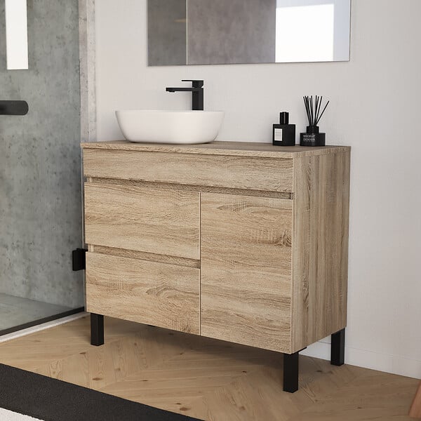 COSYNEO - Meuble de salle de bain 100cm avec plateau et vasque à poser arrondie - porte et tiroirs - cambrian (chêne clair) - LAZARO - large