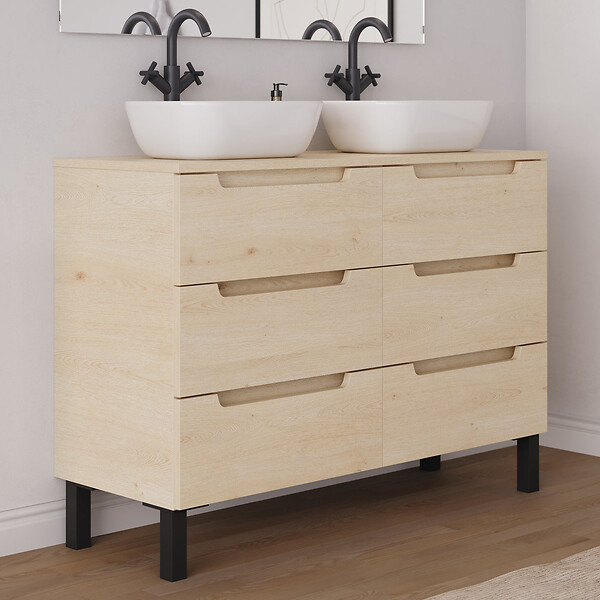 COSYNEO - Meuble de salle de bain 140cm avec plateau et 2 vasques à poser arrondies - 6 tiroirs - roble calima (bois clair) - RIZA - large