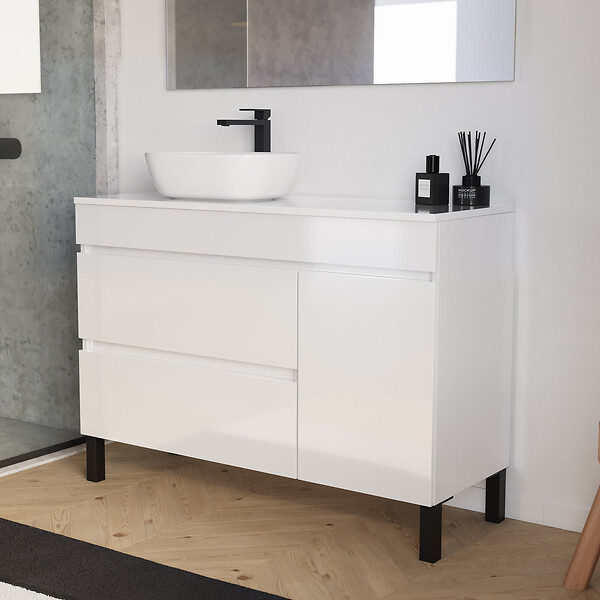 COSYNEO - Meuble de salle de bain 120cm avec plateau et vasque à poser arrondie - porte et tiroirs - sans miroir - blanc brillant - LAZARO - large
