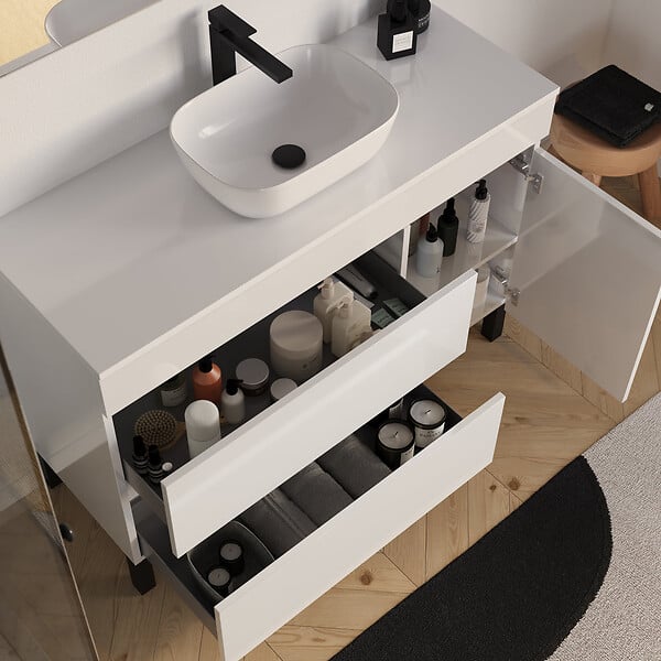 COSYNEO - Meuble de salle de bain 120cm avec plateau et vasque à poser arrondie - porte et tiroirs - sans miroir - blanc brillant - LAZARO - large