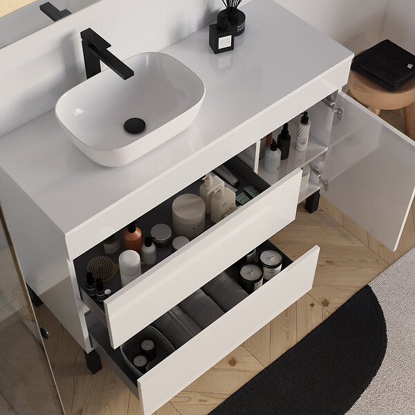 COSYNEO - Meuble de salle de bain 120cm avec plateau et vasque à poser arrondie - porte et tiroirs - sans miroir - blanc brillant - LAZARO - large
