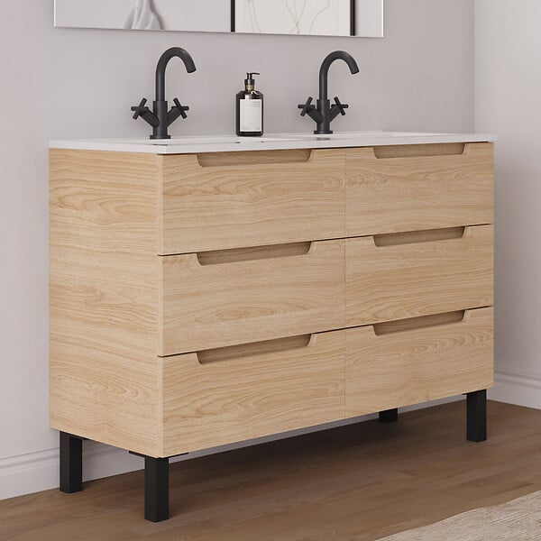 COSYNEO - Meuble de salle de bain 120cm double vasque - 6 tiroirs - sans miroir - roble era (chêne clair) - RIZA - large