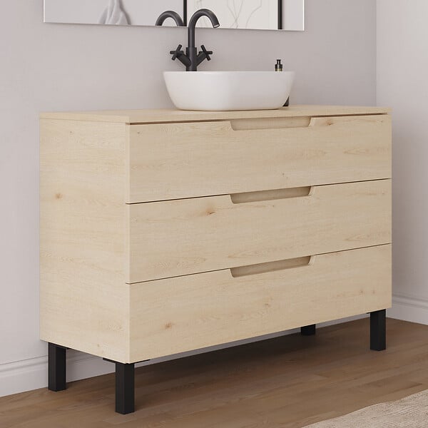 COSYNEO - Meuble de salle de bain 120cm avec plateau et vasque à poser arrondie - 3 tiroirs - sans miroir - roble calima (bois clair) - RIZA - large