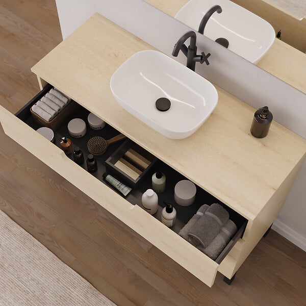 COSYNEO - Meuble de salle de bain 120cm avec plateau et vasque à poser arrondie - 3 tiroirs - sans miroir - roble calima (bois clair) - RIZA - large