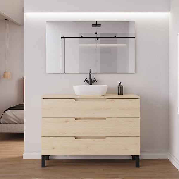 COSYNEO - Meuble de salle de bain 120cm avec plateau et vasque à poser arrondie - 3 tiroirs - sans miroir - roble calima (bois clair) - RIZA - large