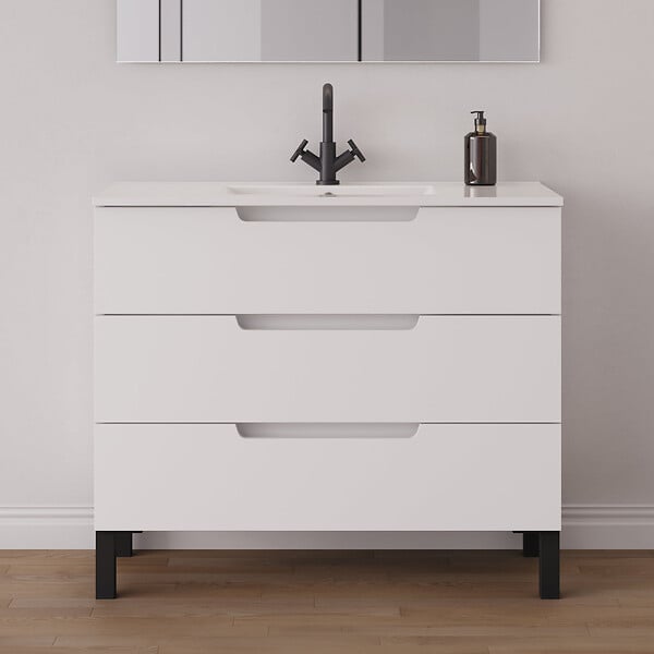 COSYNEO - Meuble de salle de bain 100cm simple vasque - 3 tiroirs - blanc mat - RIZA - large
