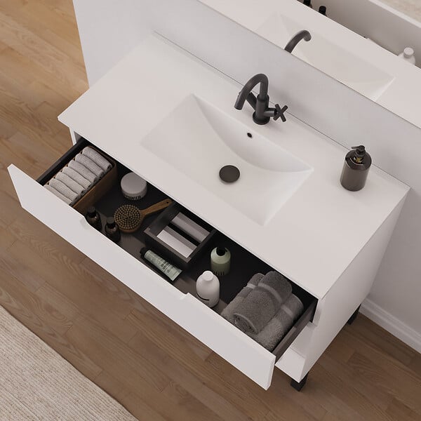 COSYNEO - Meuble de salle de bain 100cm simple vasque - 3 tiroirs - blanc mat - RIZA - large