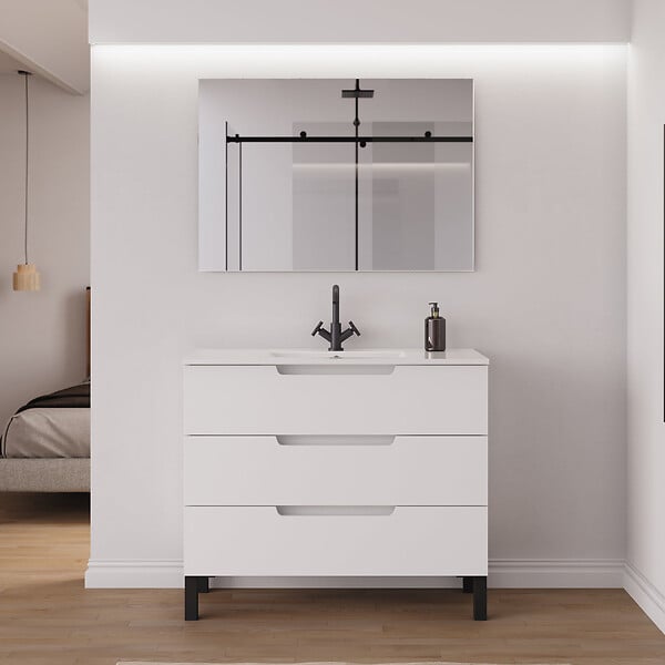 COSYNEO - Meuble de salle de bain 100cm simple vasque - 3 tiroirs - blanc mat - RIZA - large