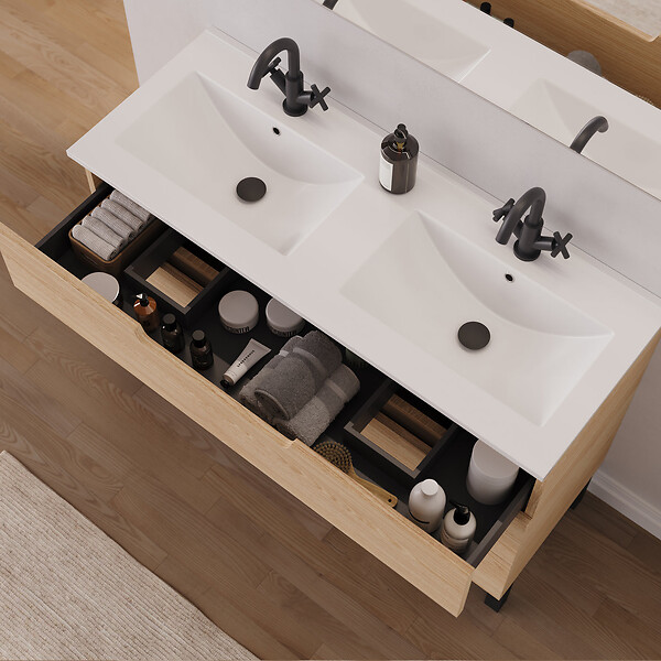 COSYNEO - Meuble de salle de bain 120cm double vasque - 3 tiroirs - roble era (chêne clair) - RIZA - large