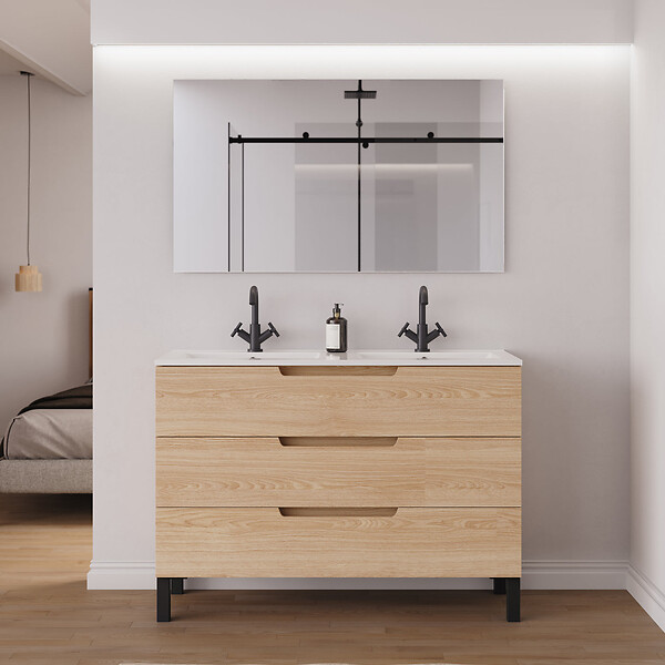 COSYNEO - Meuble de salle de bain 120cm double vasque - 3 tiroirs - roble era (chêne clair) - RIZA - large