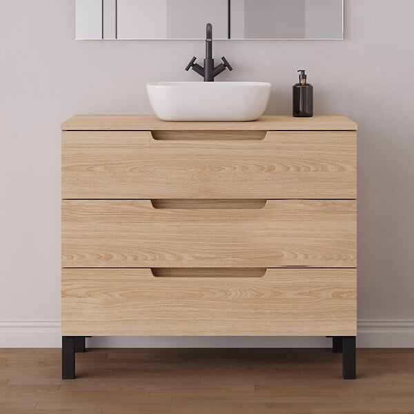 COSYNEO - Meuble de salle de bain 100cm avec plateau et vasque à poser arrondie - 3 tiroirs - roble era (chêne clair) - RIZA - large