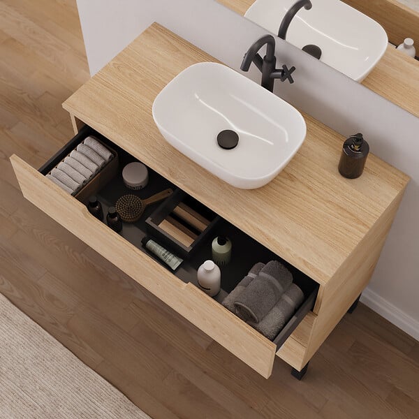 COSYNEO - Meuble de salle de bain 100cm avec plateau et vasque à poser arrondie - 3 tiroirs - roble era (chêne clair) - RIZA - large
