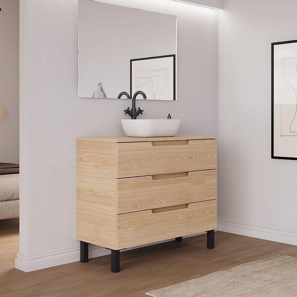 COSYNEO - Meuble de salle de bain 100cm avec plateau et vasque à poser arrondie - 3 tiroirs - roble era (chêne clair) - RIZA - large