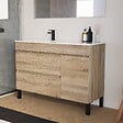 COSYNEO - Meuble de salle de bain 120cm sur pieds avec vasque déportée à gauche - sans miroir - porte et tiroirs - cambrian (chêne clair) - LAZARO - vignette