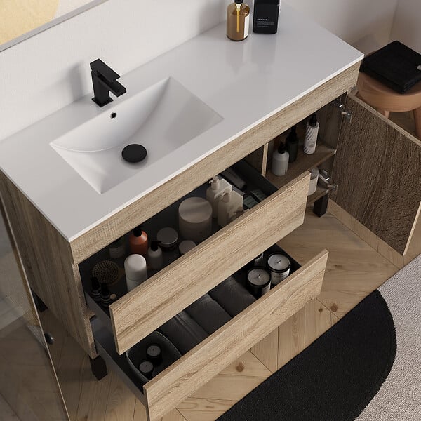 COSYNEO - Meuble de salle de bain 120cm sur pieds avec vasque déportée à gauche - sans miroir - porte et tiroirs - cambrian (chêne clair) - LAZARO - large
