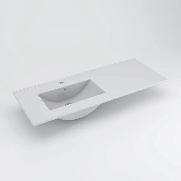 COSYNEO - Meuble de salle de bain 120cm sur pieds avec vasque déportée à gauche - sans miroir - porte et tiroirs - cambrian (chêne clair) - LAZARO - large