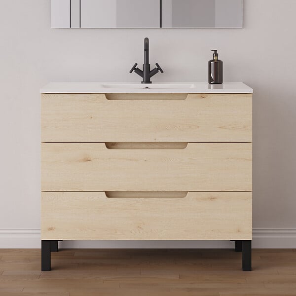 COSYNEO - Meuble de salle de bain 100cm simple vasque - 3 tiroirs - roble calima (bois clair) - RIZA - large