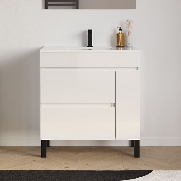 COSYNEO - Meuble de salle de bain 80cm simple vasque sur pieds avec porte et tiroirs - blanc brillant - LAZARO - large