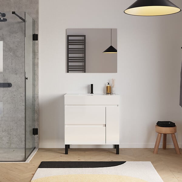 COSYNEO - Meuble de salle de bain 80cm simple vasque sur pieds avec porte et tiroirs - blanc brillant - LAZARO - large