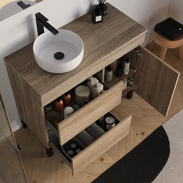 COSYNEO - Meuble de salle de bain 100cm avec plateau et vasque à poser ronde - porte et tiroirs - sans miroir - cambrian (chêne clair) - LAZARO - large